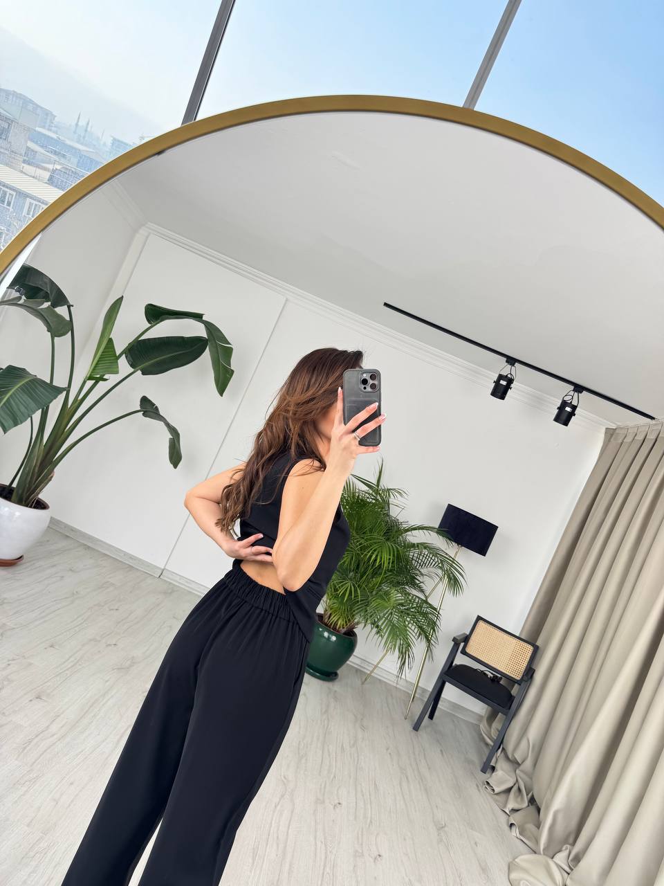 Siyah%20Top%20Düğmeli%20Premium%20İpekli%20Krep%20Kumaş%20Pantolon%20Yelek%20Takım