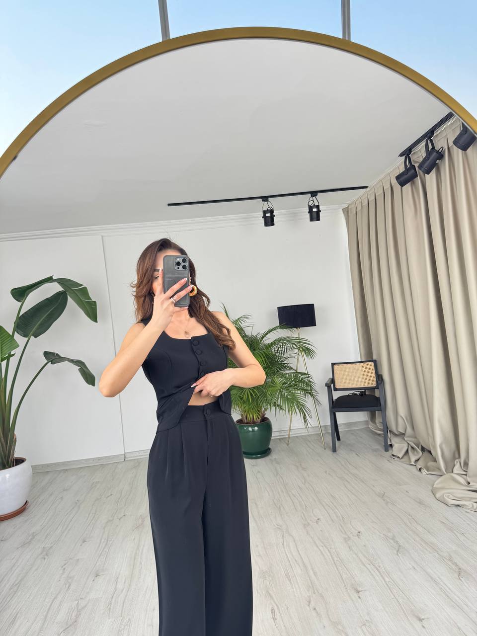 Siyah%20Top%20Düğmeli%20Premium%20İpekli%20Krep%20Kumaş%20Pantolon%20Yelek%20Takım