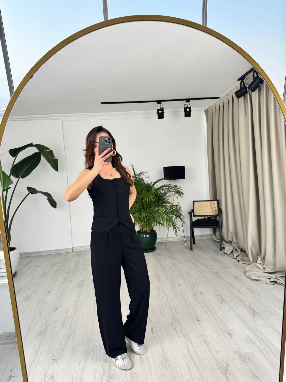 Siyah%20Top%20Düğmeli%20Premium%20İpekli%20Krep%20Kumaş%20Pantolon%20Yelek%20Takım