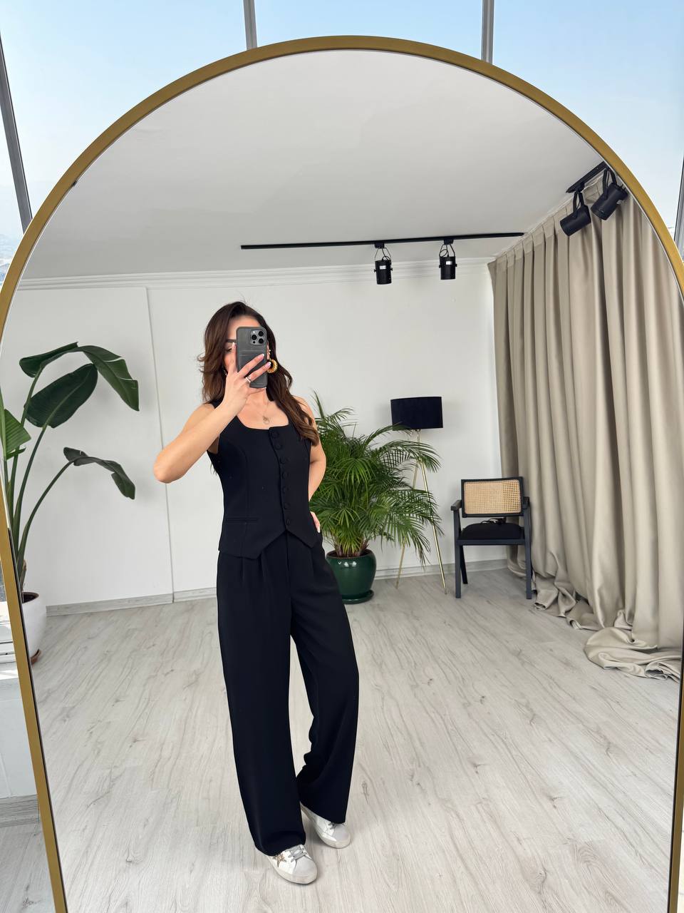 Siyah%20Top%20Düğmeli%20Premium%20İpekli%20Krep%20Kumaş%20Pantolon%20Yelek%20Takım