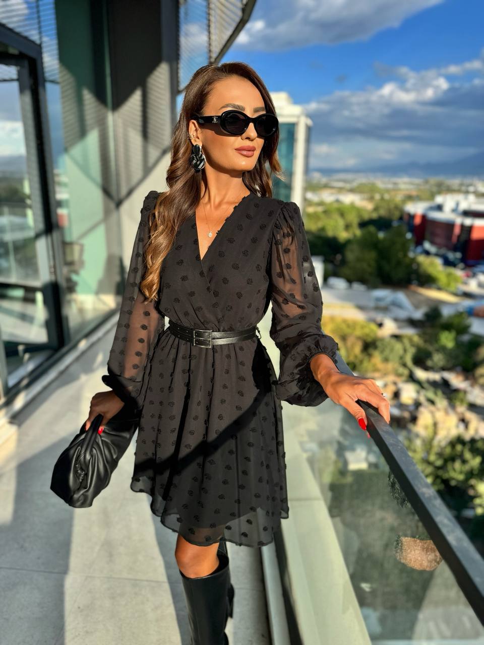 Siyah%20Şifon%20Çift%20Kemerli%20Astarlı%20Elbise