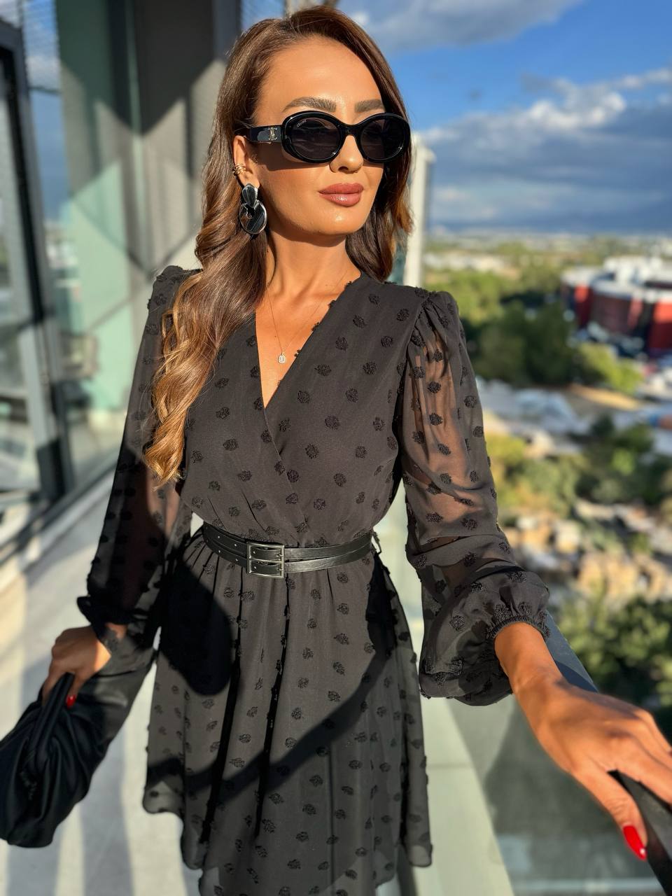 Siyah%20Şifon%20Çift%20Kemerli%20Astarlı%20Elbise