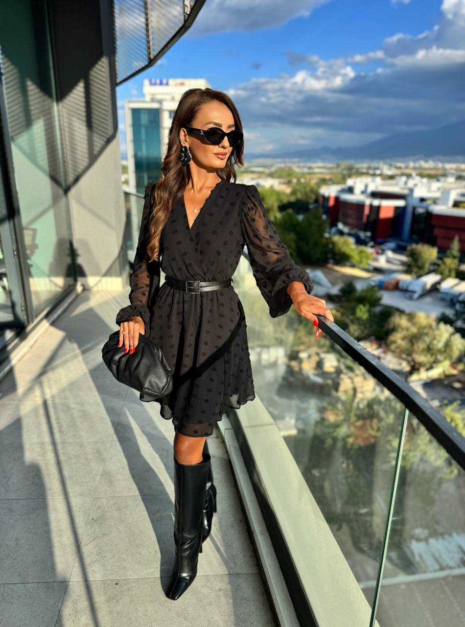 Siyah%20Şifon%20Çift%20Kemerli%20Astarlı%20Elbise