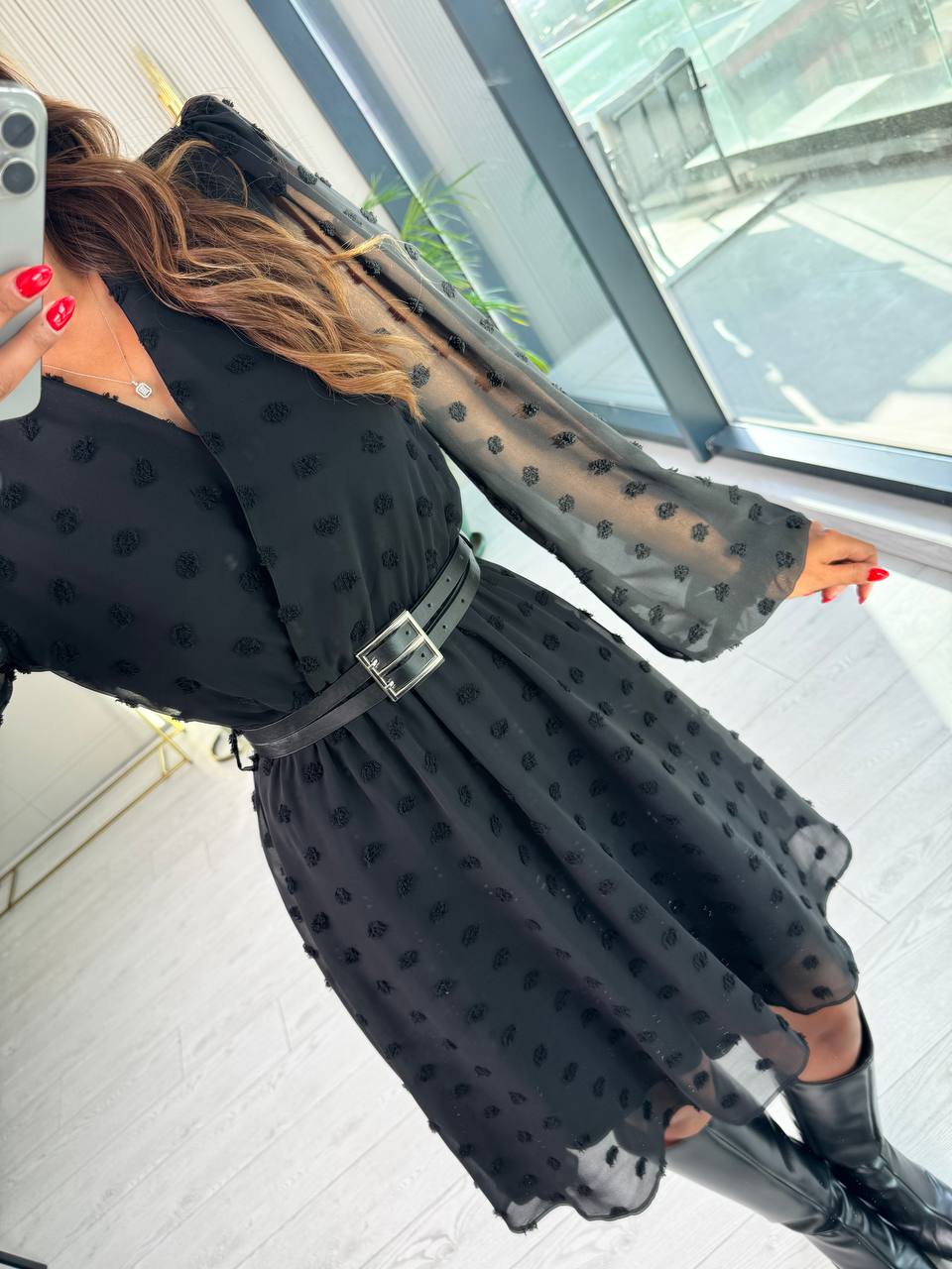 Siyah%20Şifon%20Çift%20Kemerli%20Astarlı%20Elbise