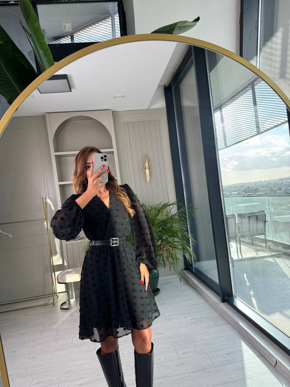 Siyah%20Şifon%20Çift%20Kemerli%20Astarlı%20Elbise