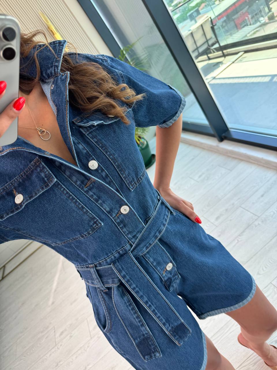 Koyu%20Mavi%20Kuşaklı%20Jean%20Şort%20Tulum