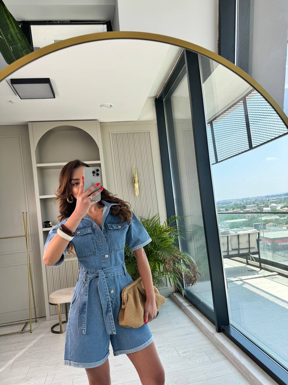 Açık%20Mavi%20Kuşaklı%20Jean%20Şort%20Tulum