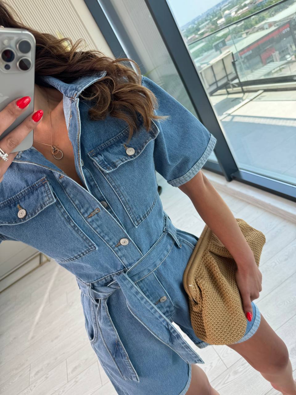 Açık%20Mavi%20Kuşaklı%20Jean%20Şort%20Tulum