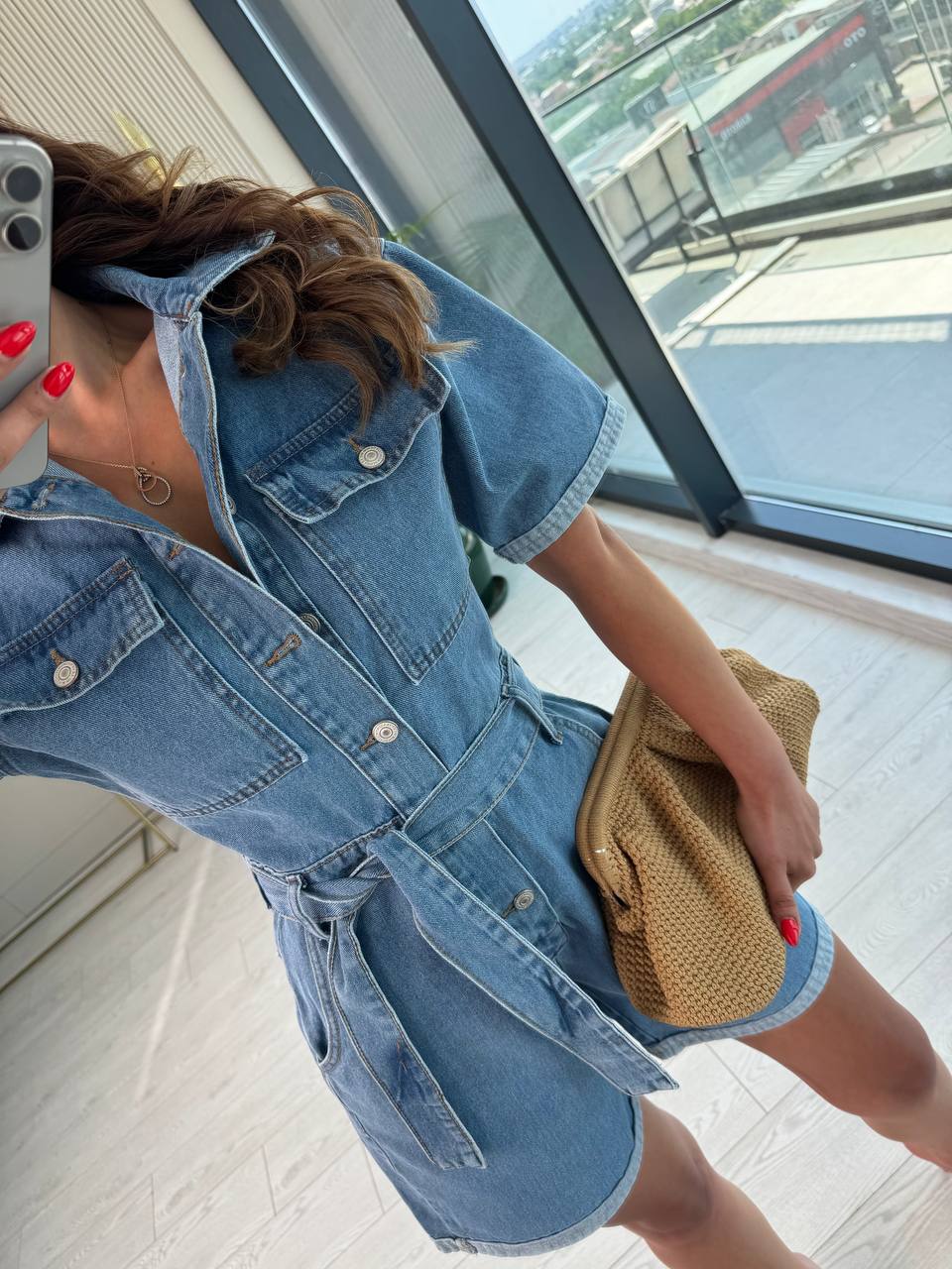Açık%20Mavi%20Kuşaklı%20Jean%20Şort%20Tulum