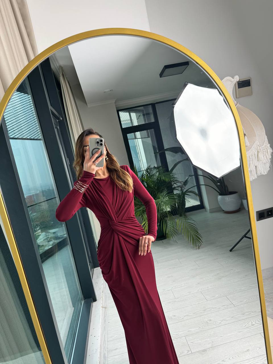 Tasarım%20Bordo%20Vatkalı%20İthal%20Likralı%20Tok%20Candy%20Kumaş%20Balık%20Form%20Elbise