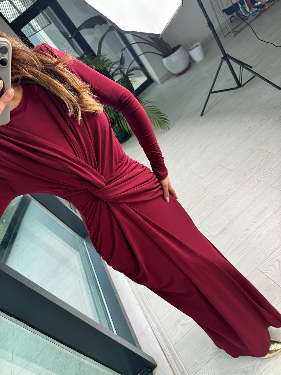 Tasarım%20Bordo%20Vatkalı%20İthal%20Likralı%20Tok%20Candy%20Kumaş%20Balık%20Form%20Elbise