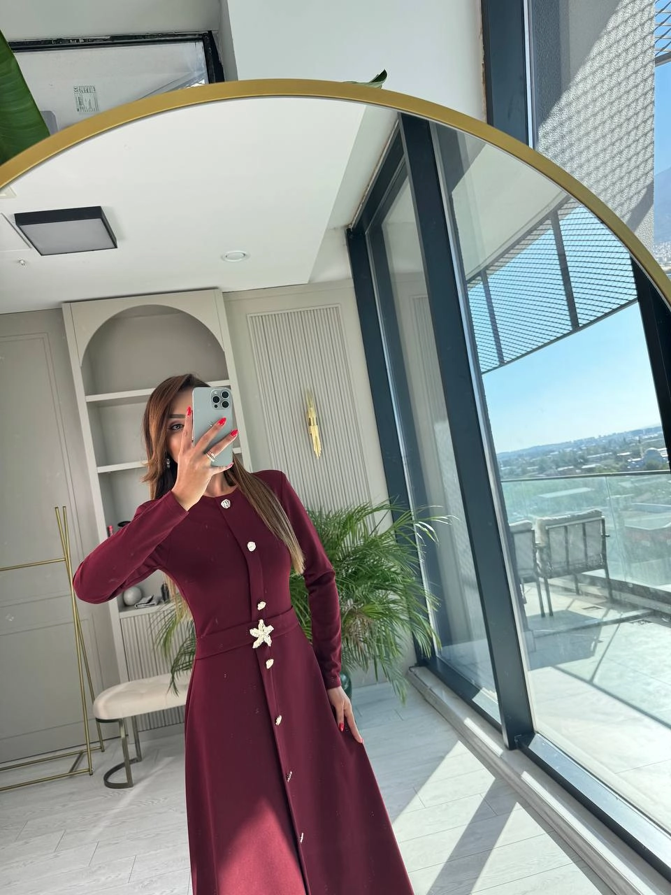 Bordo%20Gold%20Düğme%20Detaylı%20Krep%20Kumaş%20Elbise