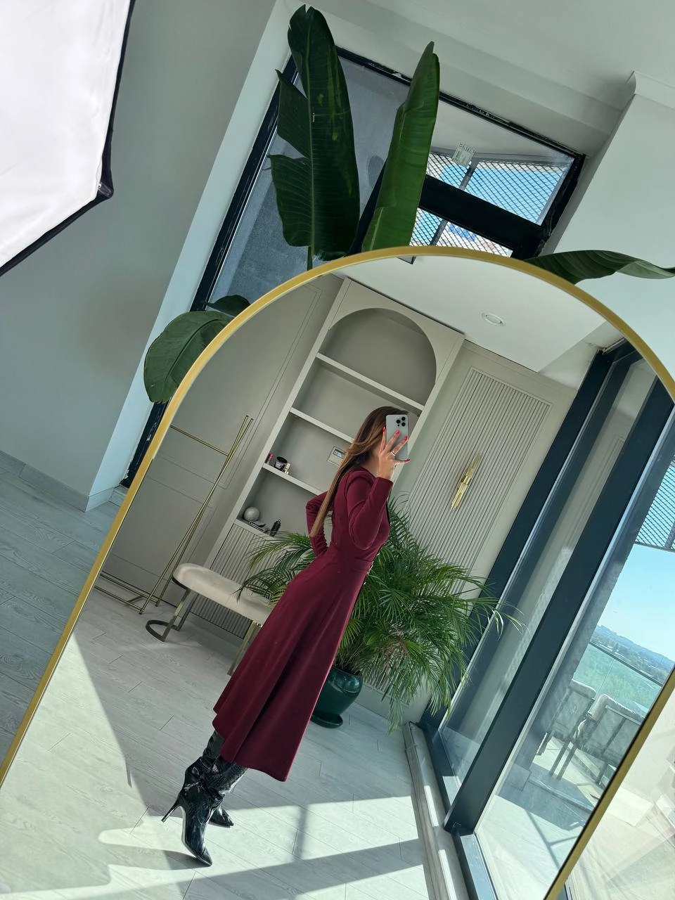 Bordo%20Gold%20Düğme%20Detaylı%20Krep%20Kumaş%20Elbise