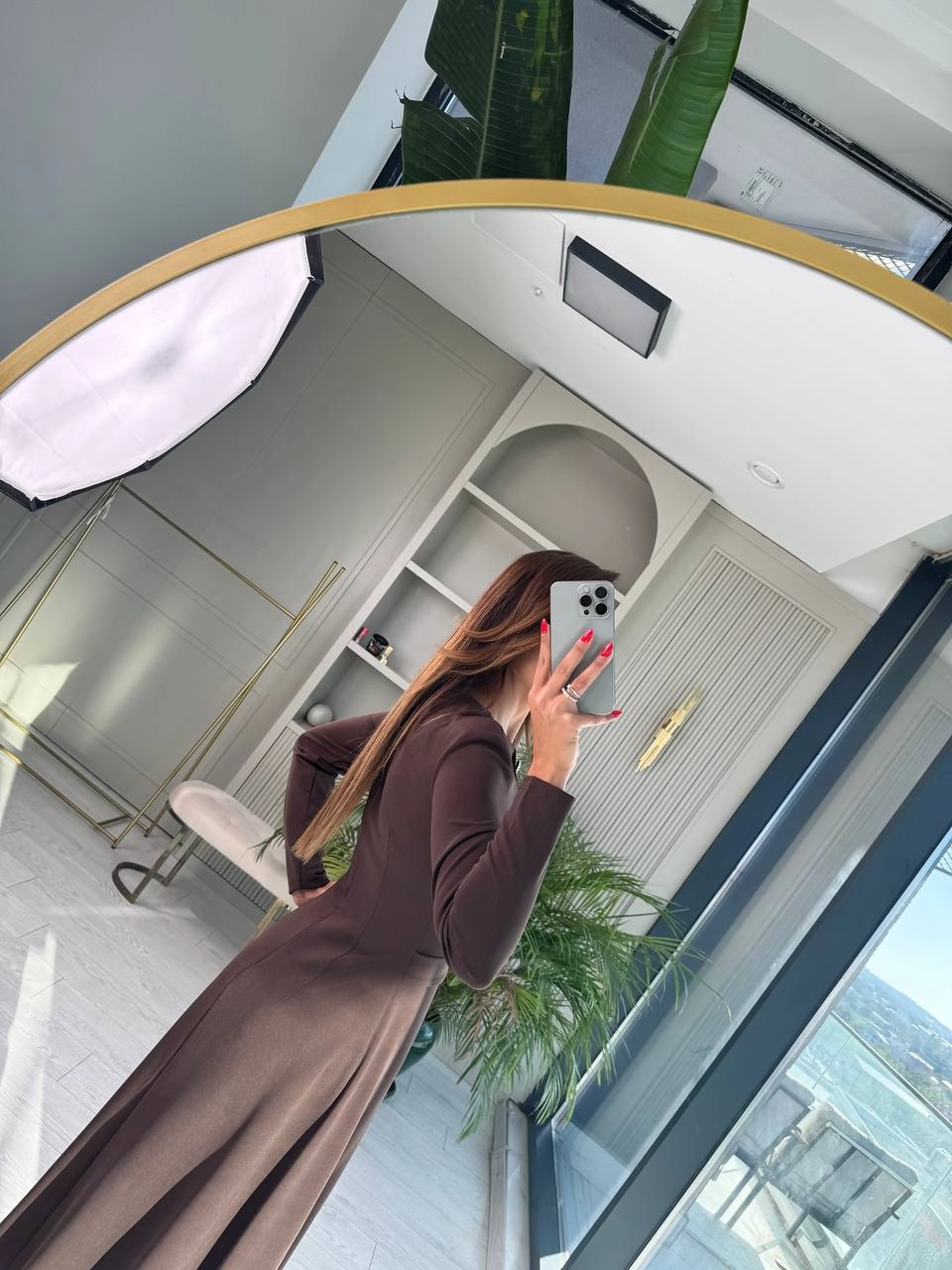 Kahverengi%20Gold%20Düğme%20Detaylı%20Krep%20Kumaş%20Elbise