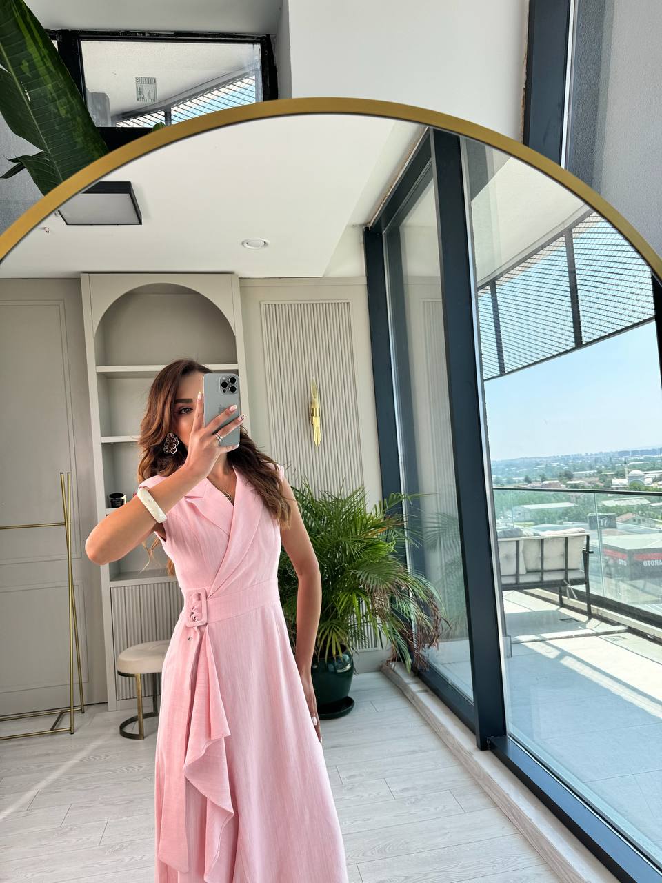Pembe%20Kruvaze%20Tokalı%20Astarlı%20%100%20Pamuklu%20Keten%20Elbise
