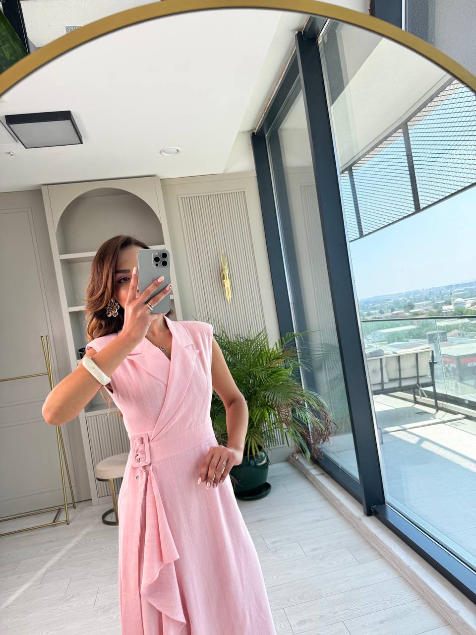 Pembe%20Kruvaze%20Tokalı%20Astarlı%20%100%20Pamuklu%20Keten%20Elbise