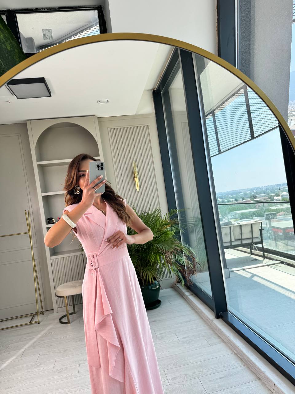 Pembe%20Kruvaze%20Tokalı%20Astarlı%20%100%20Pamuklu%20Keten%20Elbise