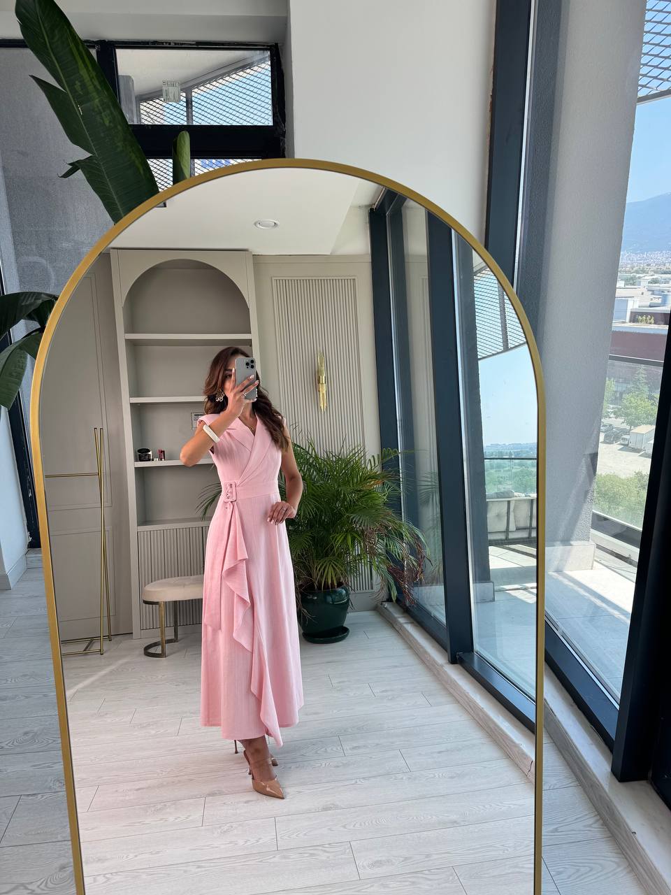 Pembe%20Kruvaze%20Tokalı%20Astarlı%20%100%20Pamuklu%20Keten%20Elbise