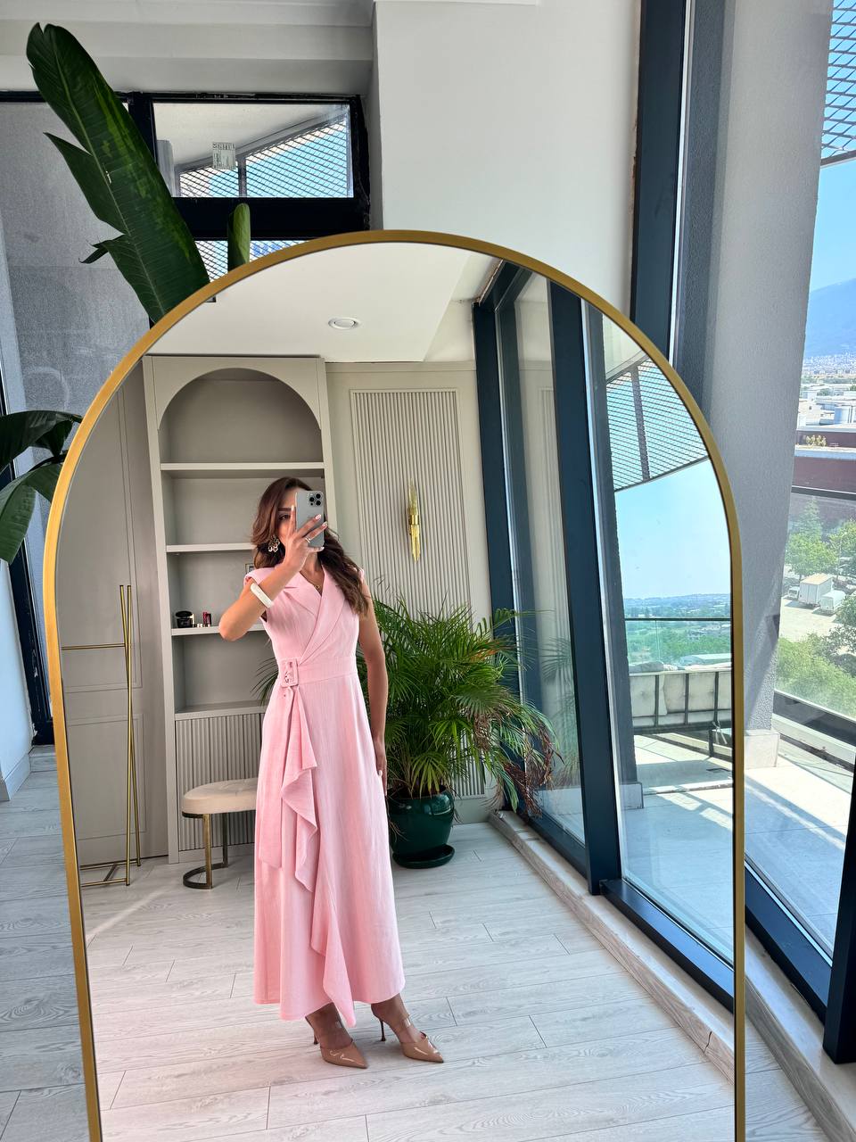 Pembe%20Kruvaze%20Tokalı%20Astarlı%20%100%20Pamuklu%20Keten%20Elbise