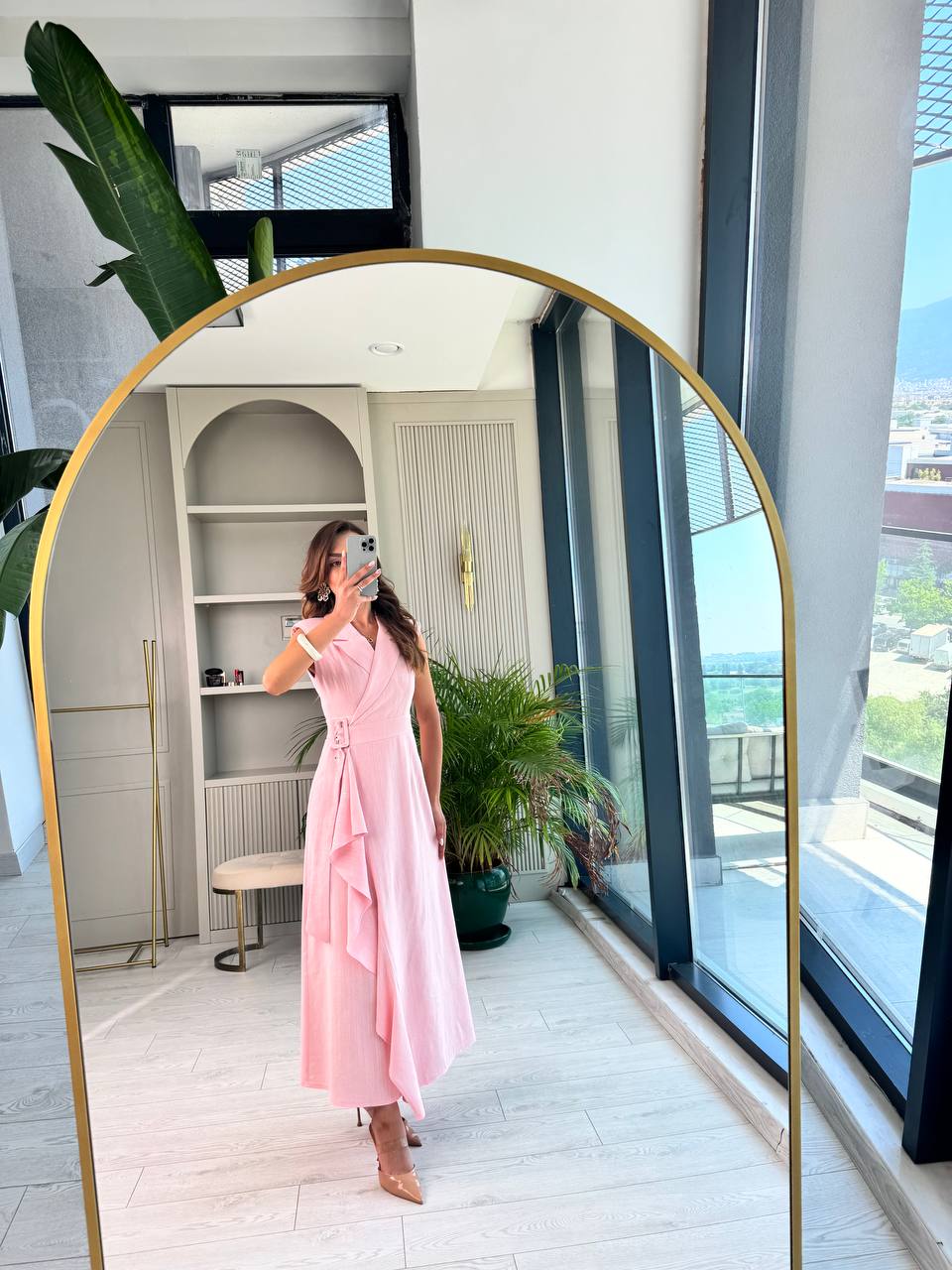 Pembe%20Kruvaze%20Tokalı%20Astarlı%20%100%20Pamuklu%20Keten%20Elbise