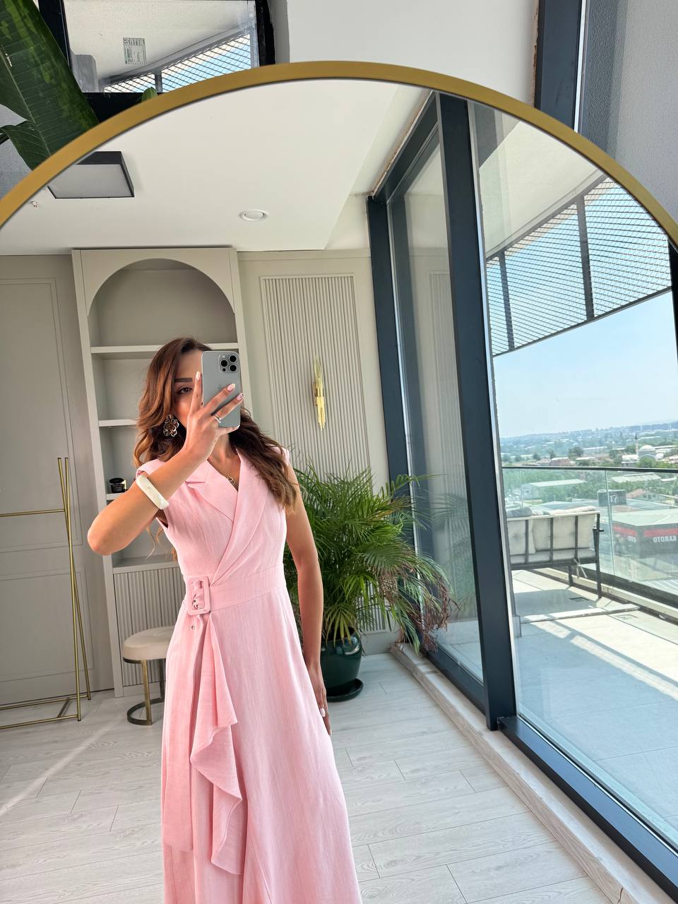 Pembe%20Kruvaze%20Tokalı%20Astarlı%20%100%20Pamuklu%20Keten%20Elbise