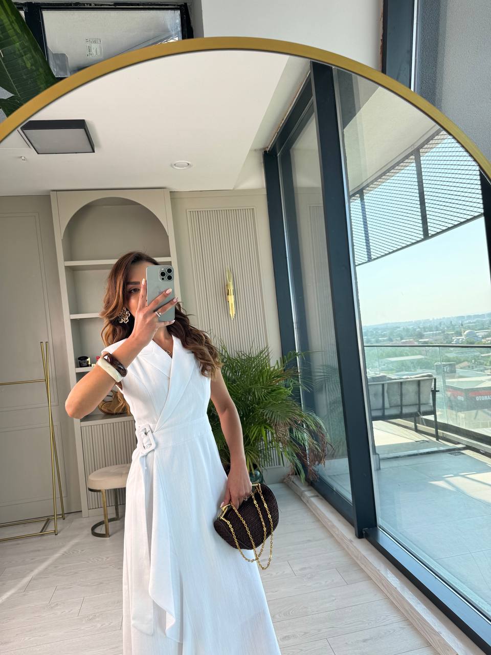 Beyaz%20Kruvaze%20Tokalı%20Astarlı%20%100%20Pamuklu%20Keten%20Elbise