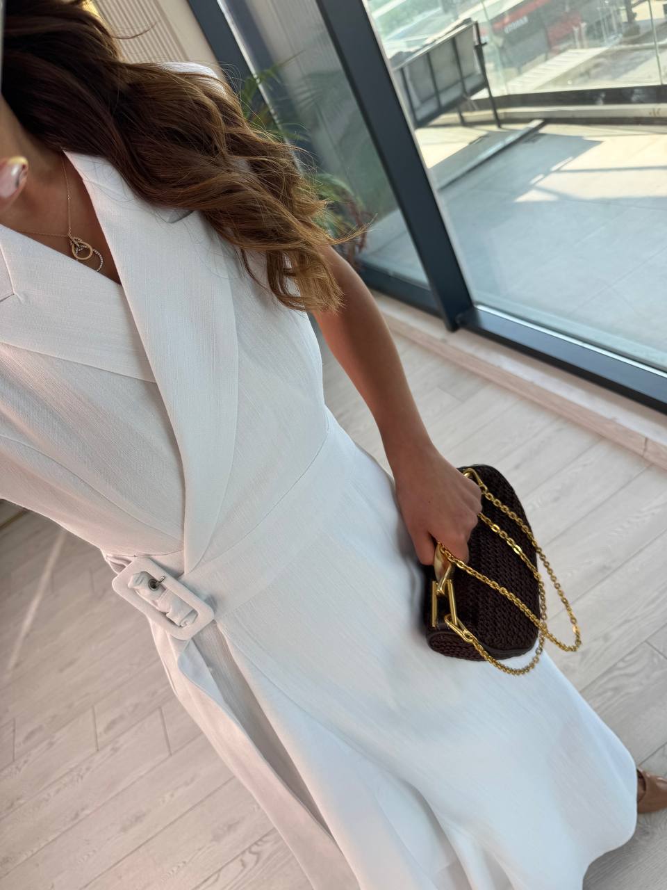 Beyaz%20Kruvaze%20Tokalı%20Astarlı%20%100%20Pamuklu%20Keten%20Elbise