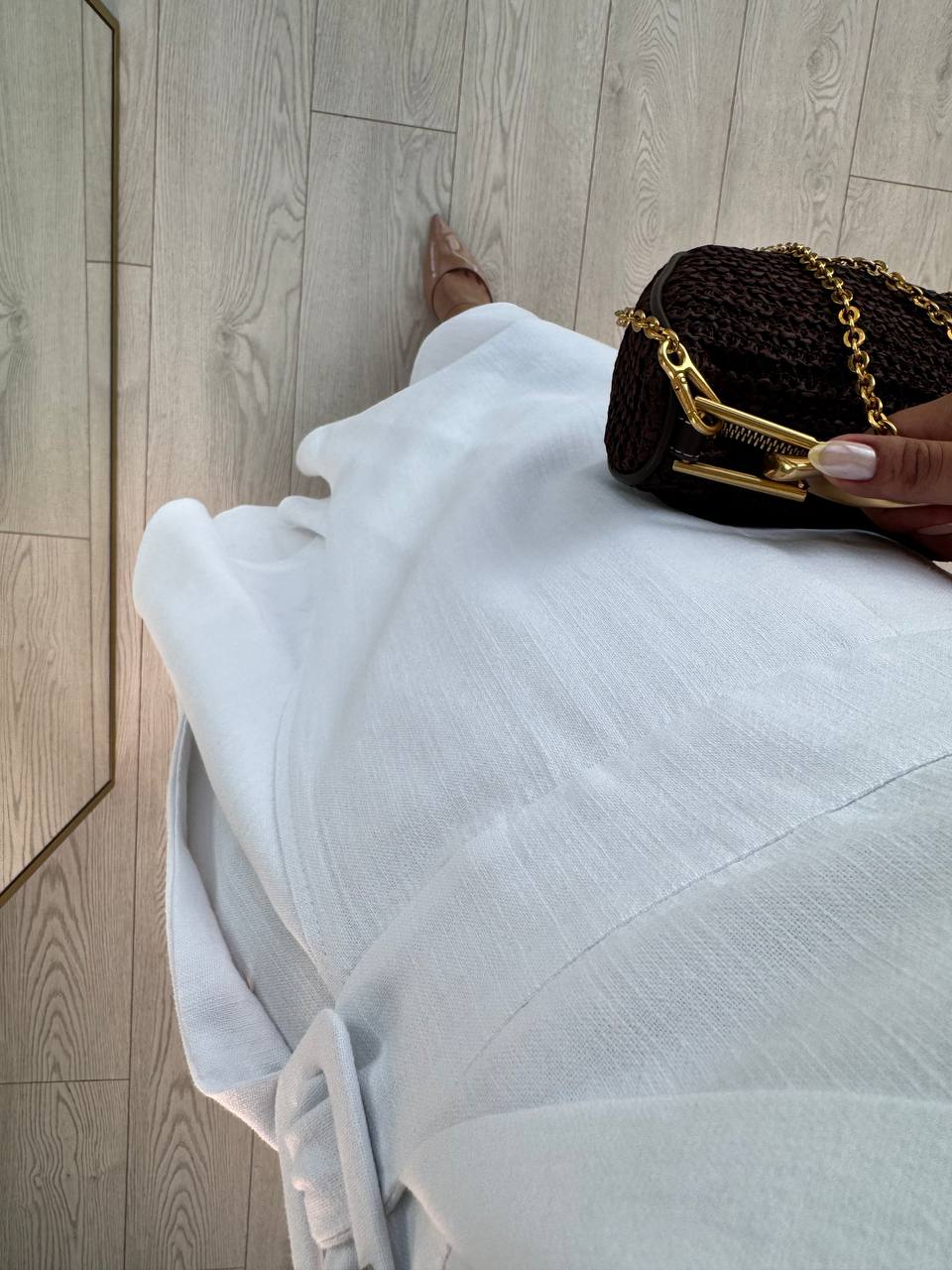 Beyaz%20Kruvaze%20Tokalı%20Astarlı%20%100%20Pamuklu%20Keten%20Elbise