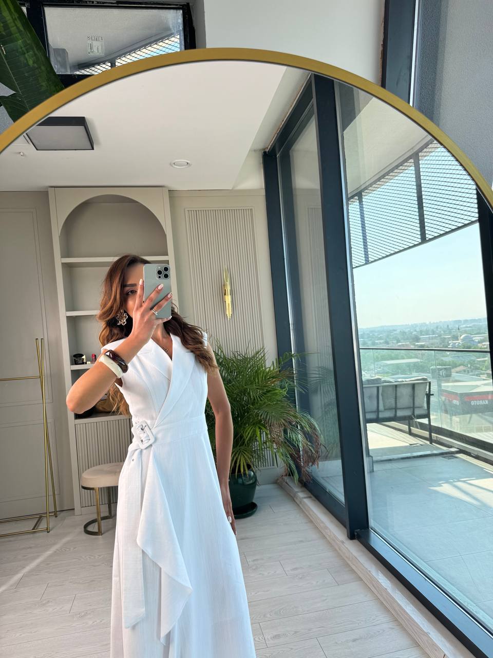 Beyaz%20Kruvaze%20Tokalı%20Astarlı%20%100%20Pamuklu%20Keten%20Elbise