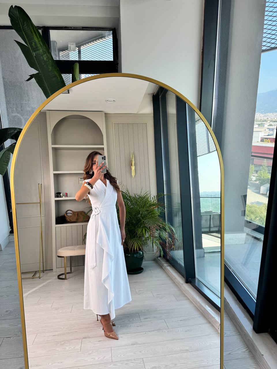 Beyaz%20Kruvaze%20Tokalı%20Astarlı%20%100%20Pamuklu%20Keten%20Elbise