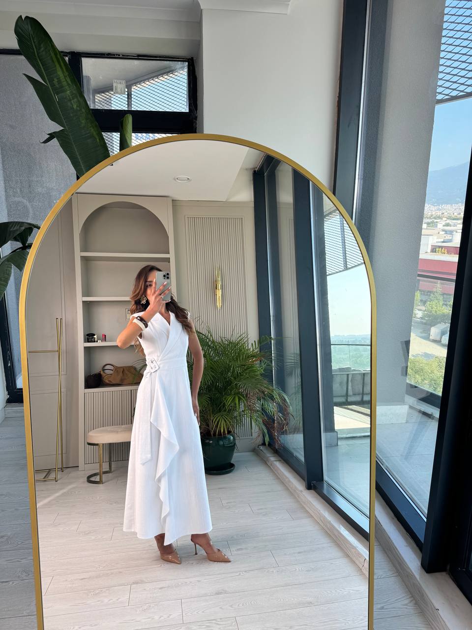 Beyaz%20Kruvaze%20Tokalı%20Astarlı%20%100%20Pamuklu%20Keten%20Elbise