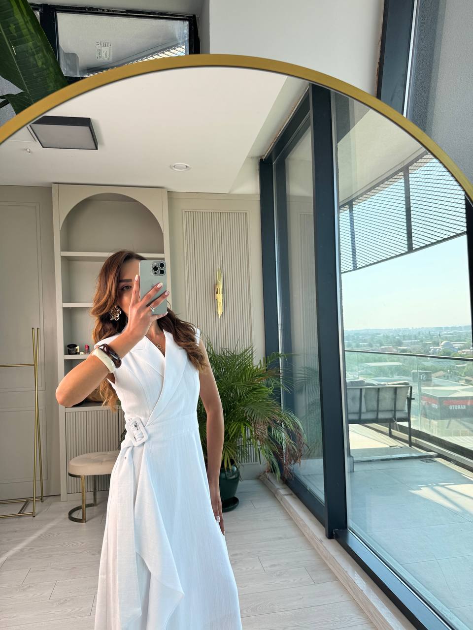 Beyaz%20Kruvaze%20Tokalı%20Astarlı%20%100%20Pamuklu%20Keten%20Elbise