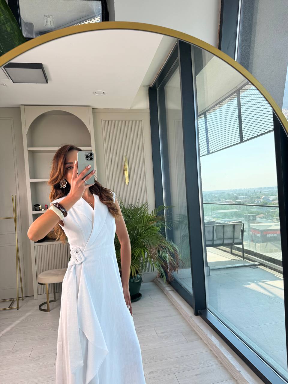 Beyaz%20Kruvaze%20Tokalı%20Astarlı%20%100%20Pamuklu%20Keten%20Elbise