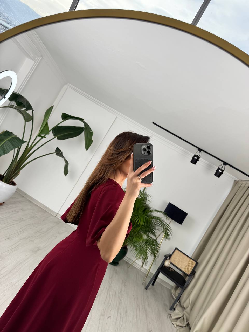 Bordo%20Kol%20Detay%20Krep%20Kumaş%20Elbise
