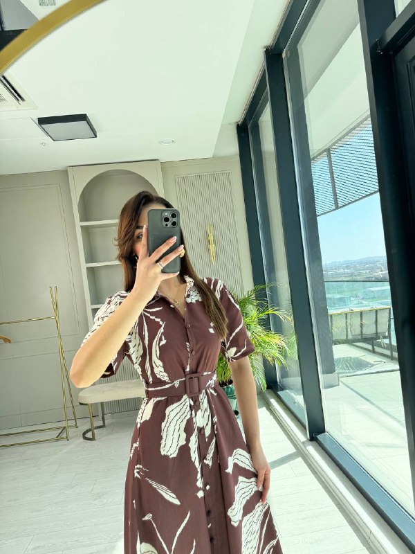 Kahverengi%20Desenli%20Kemerli%20Premium%20Poplin%20Kumaş%20Gömlek%20Elbise