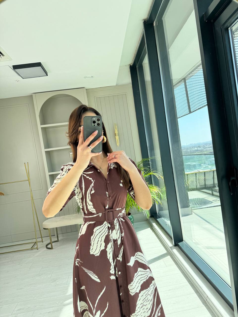 Kahverengi%20Desenli%20Kemerli%20Premium%20Poplin%20Kumaş%20Gömlek%20Elbise