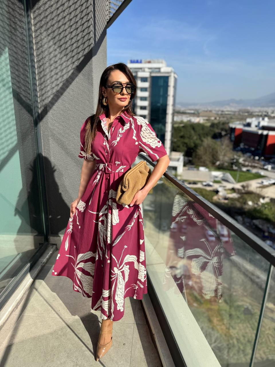 Bordo%20Desenli%20Kemerli%20Premium%20Poplin%20Kumaş%20Gömlek%20Elbise