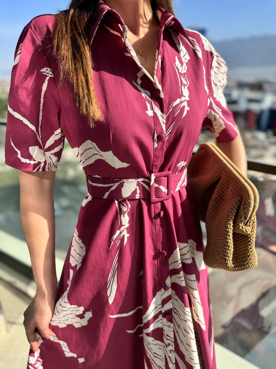 Bordo%20Desenli%20Kemerli%20Premium%20Poplin%20Kumaş%20Gömlek%20Elbise