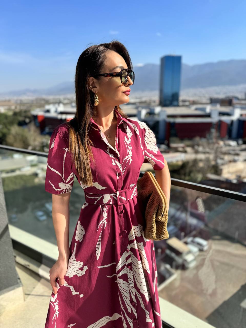 Bordo%20Desenli%20Kemerli%20Premium%20Poplin%20Kumaş%20Gömlek%20Elbise