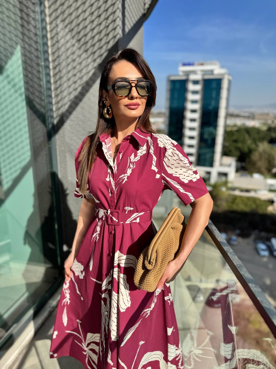 Bordo%20Desenli%20Kemerli%20Premium%20Poplin%20Kumaş%20Gömlek%20Elbise