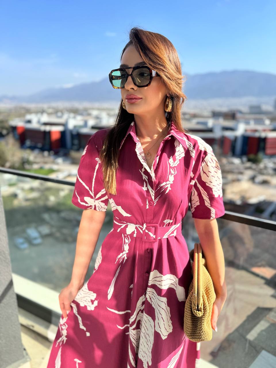 Bordo%20Desenli%20Kemerli%20Premium%20Poplin%20Kumaş%20Gömlek%20Elbise