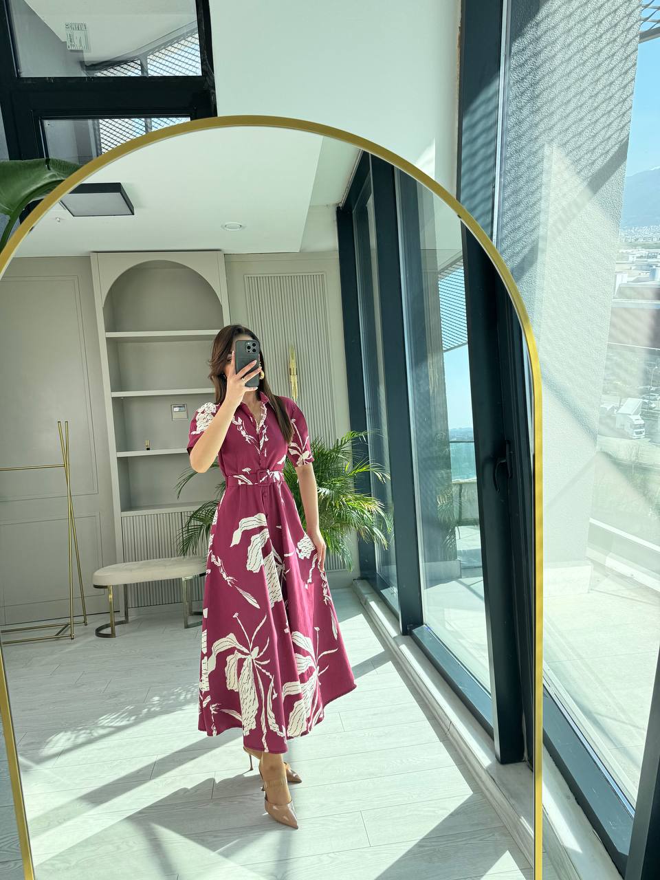 Bordo%20Desenli%20Kemerli%20Premium%20Poplin%20Kumaş%20Gömlek%20Elbise