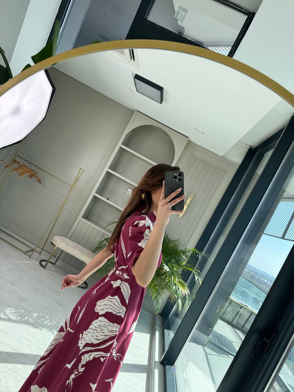 Bordo%20Desenli%20Kemerli%20Premium%20Poplin%20Kumaş%20Gömlek%20Elbise