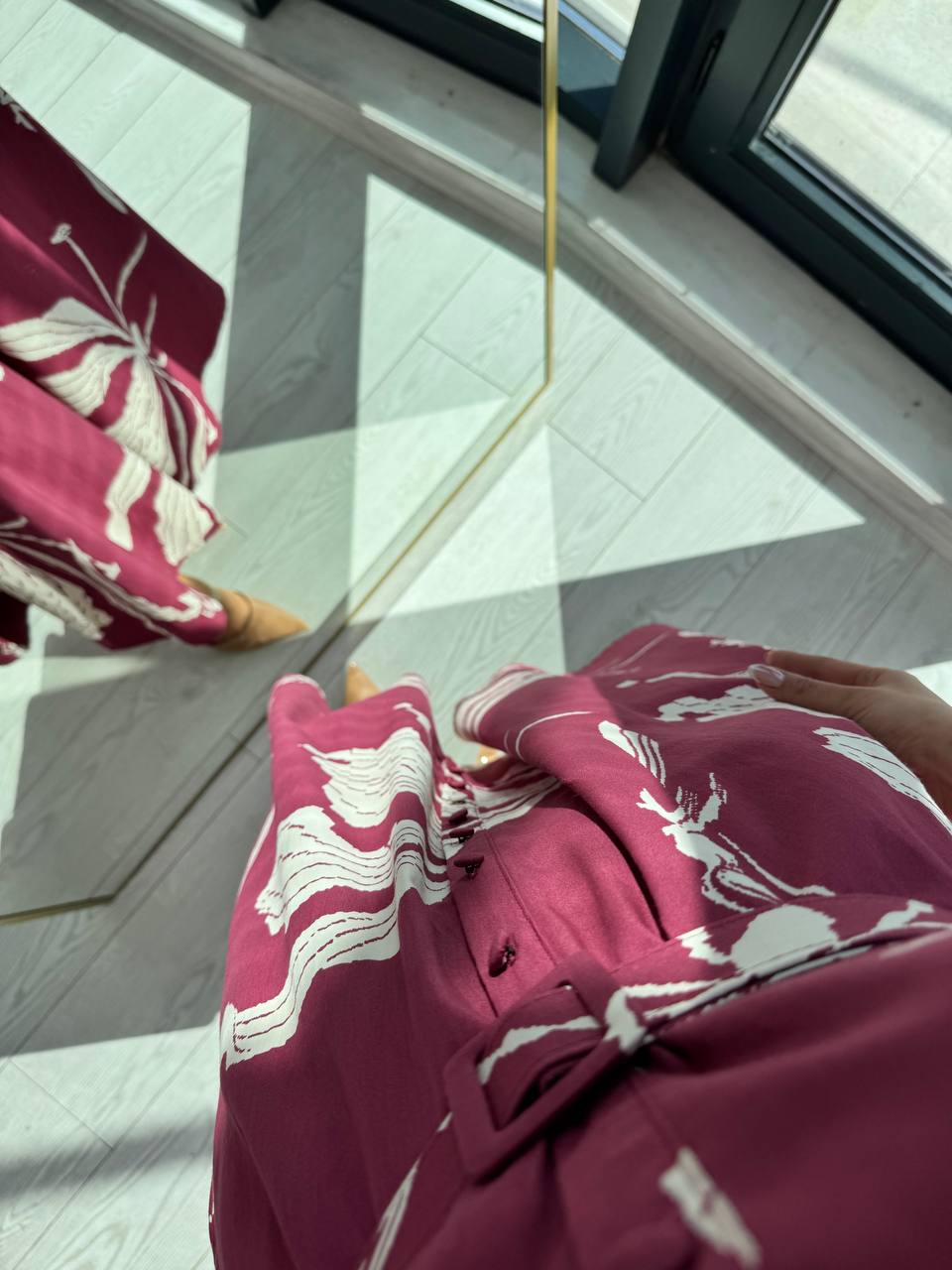 Bordo%20Desenli%20Kemerli%20Premium%20Poplin%20Kumaş%20Gömlek%20Elbise