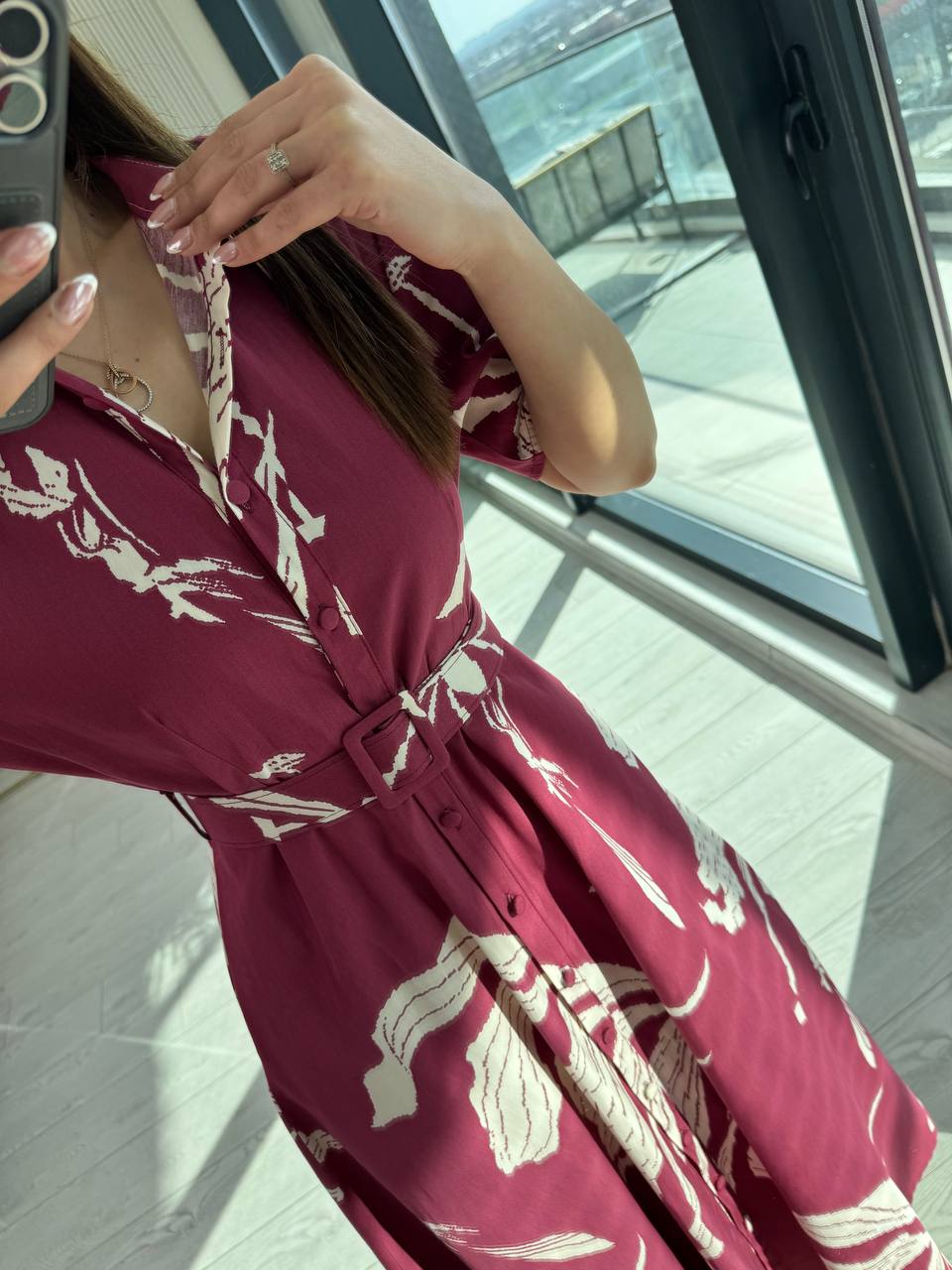 Bordo%20Desenli%20Kemerli%20Premium%20Poplin%20Kumaş%20Gömlek%20Elbise