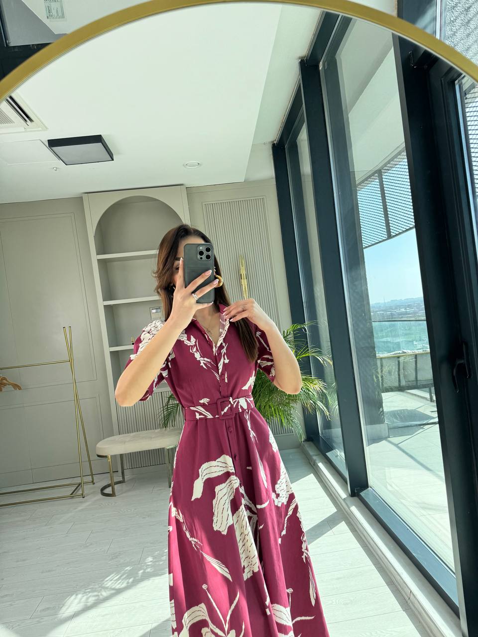 Bordo%20Desenli%20Kemerli%20Premium%20Poplin%20Kumaş%20Gömlek%20Elbise