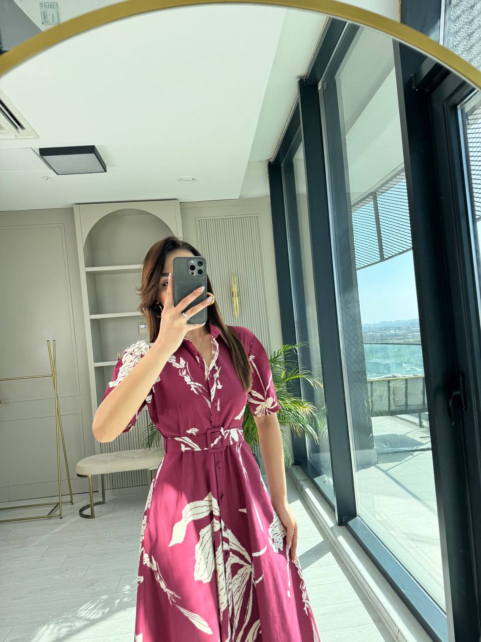 Bordo%20Desenli%20Kemerli%20Premium%20Poplin%20Kumaş%20Gömlek%20Elbise