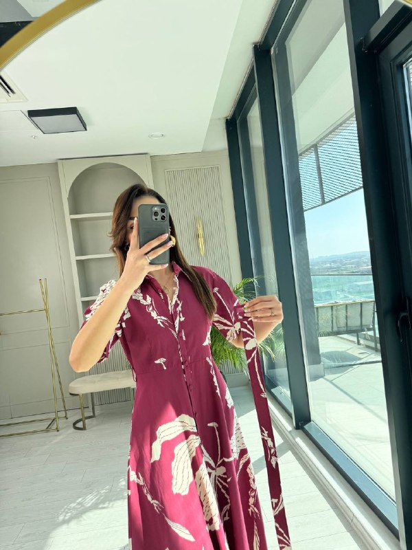 Bordo%20Desenli%20Kemerli%20Premium%20Poplin%20Kumaş%20Gömlek%20Elbise