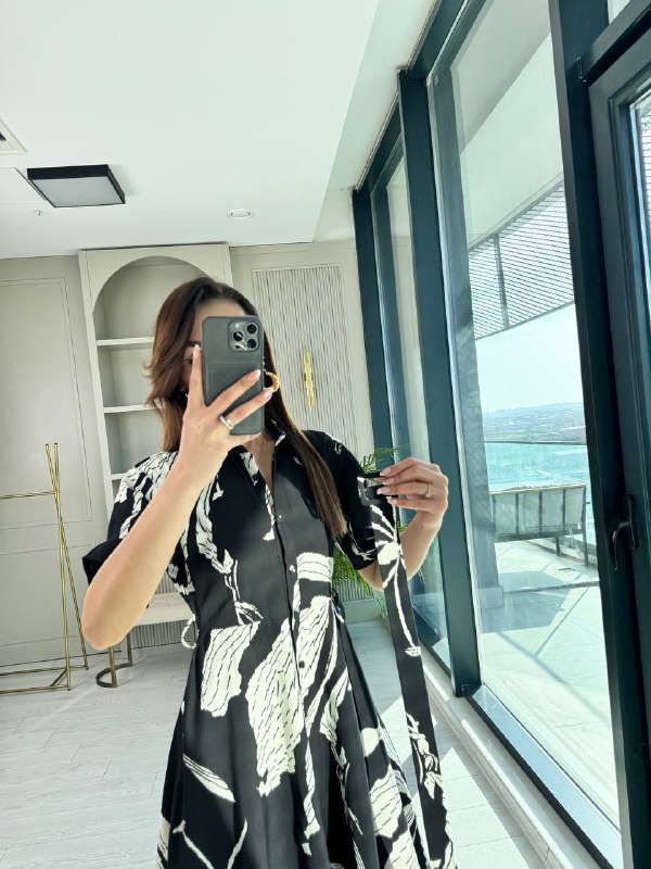 Siyah%20Desenli%20Kemerli%20Premium%20Poplin%20Kumaş%20Gömlek%20Elbise
