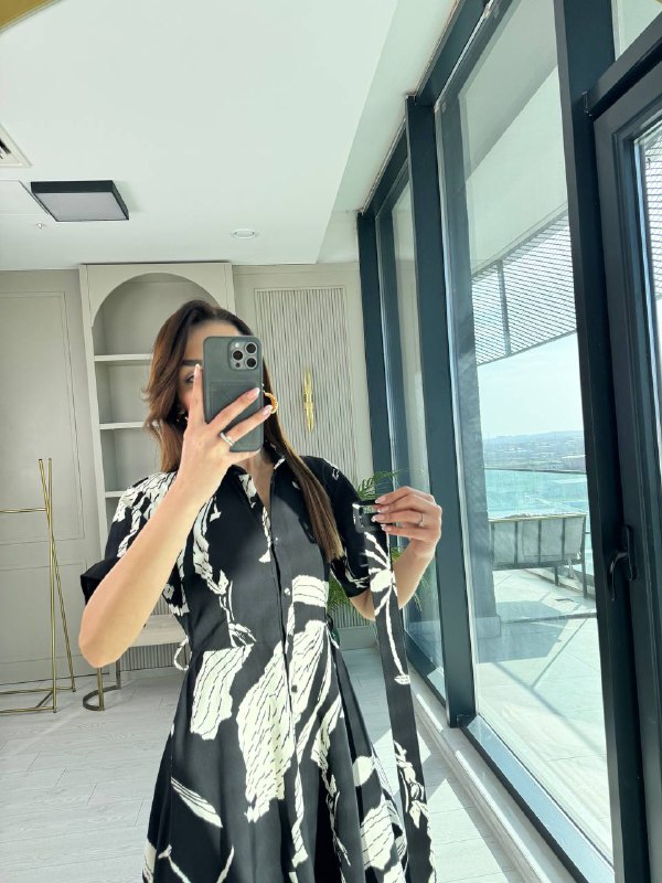 Siyah%20Desenli%20Kemerli%20Premium%20Poplin%20Kumaş%20Gömlek%20Elbise